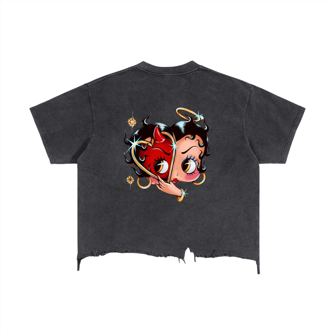 “Cherry/Angel Black shirt”- adult unisex Vintage Wash Boxy Distressed Hem T-Shirt