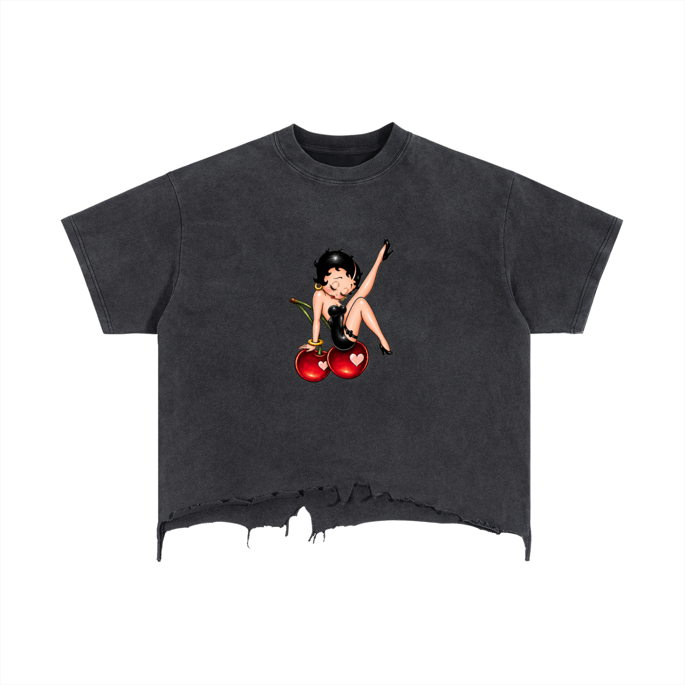 “Cherry/Angel Black shirt”- adult unisex Vintage Wash Boxy Distressed Hem T-Shirt