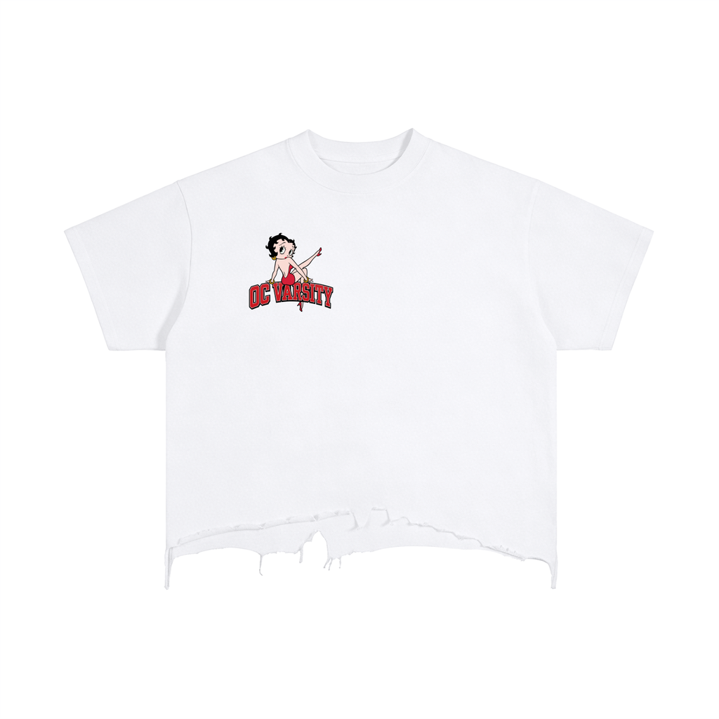 “OC VARSITY Betty Boop white shirt”- adult unisex Vintage Wash Boxy Distressed Hem T-Shirt