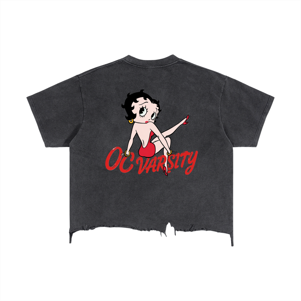 “OC VARSITY Betty Boop”- adult unisex Vintage Wash Boxy Distressed Hem T-Shirt