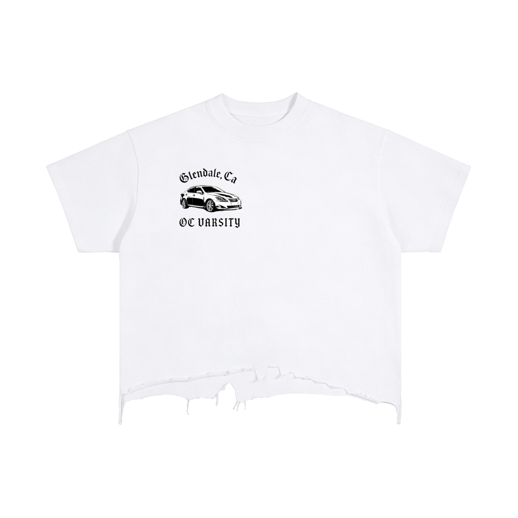 “Lexus” white Tee -Vintage Wash Boxy Distressed Hem T-Shirt unisex adult