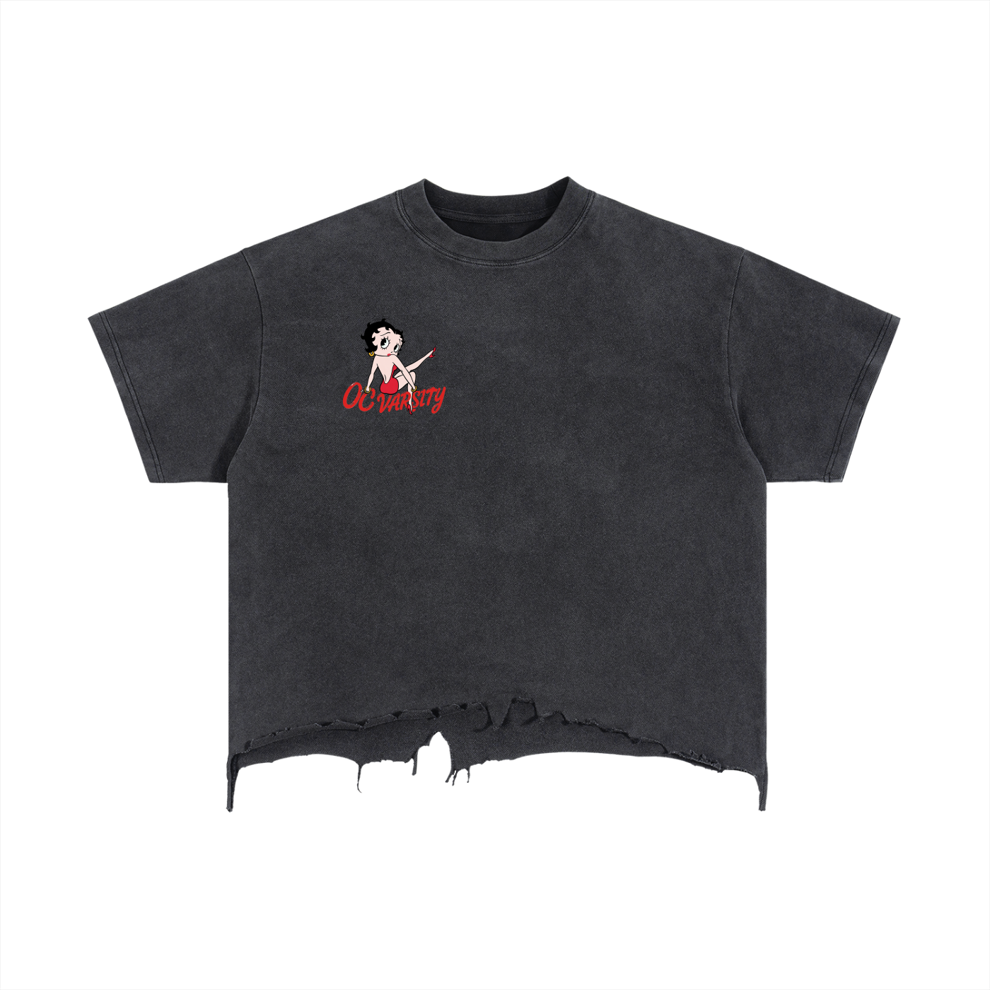 “OC VARSITY Betty Boop”- adult unisex Vintage Wash Boxy Distressed Hem T-Shirt